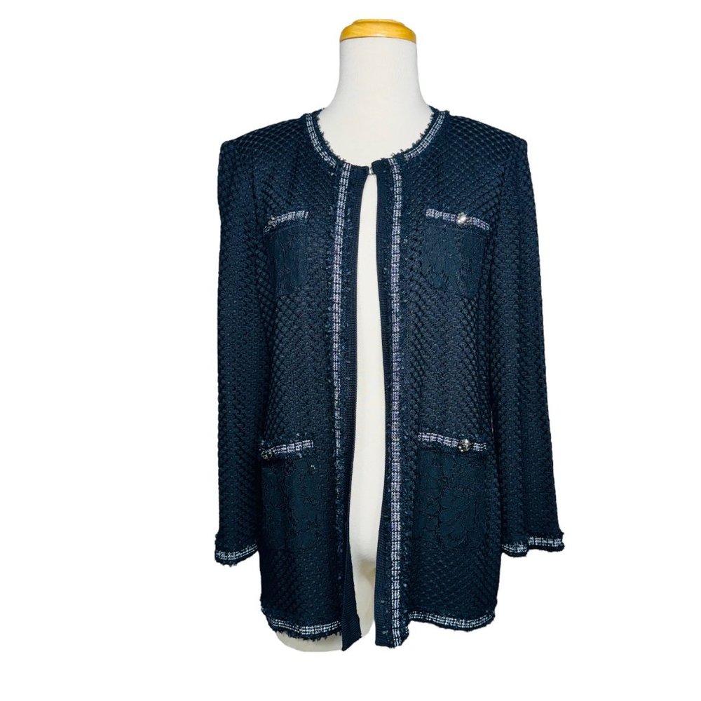 Misook Embroidered Knit Jacket 3/4 Sleeve Lace Patch Embellished Buttons Black M - Picture 9 of 16